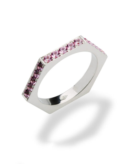 Bague Hexact en Or Blanc 18K et Saphirs Roses