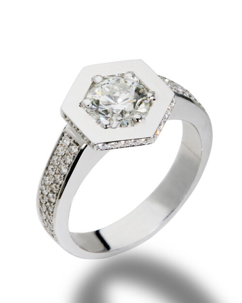 Bague "Hexact" en Or Blanc 18K – Diamant Central & Pavage