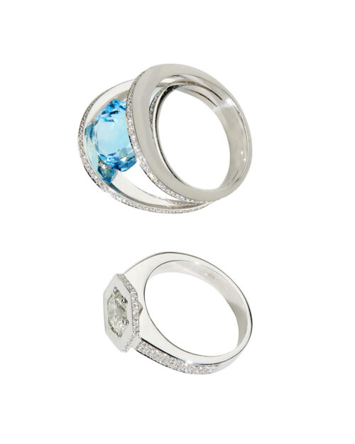 Duo Bagues "Céleste & Hexact" en Or Blanc 18K – Topaze Bleue et Diamant