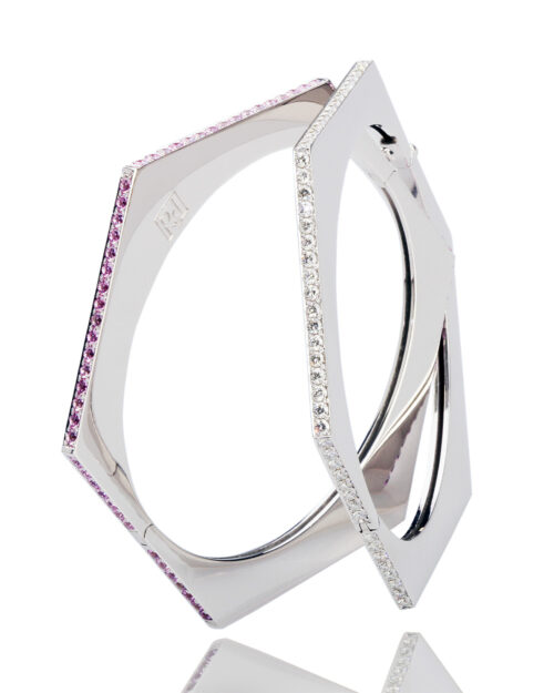 Hexact Dual Bangle – White Gold with Diamonds & Pink Sapphires